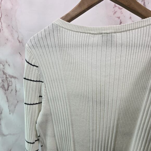 Cabi Cardigan Womens Medium White Striped Sweater Dashes Duster Long 5638 - Picture 7 of 11